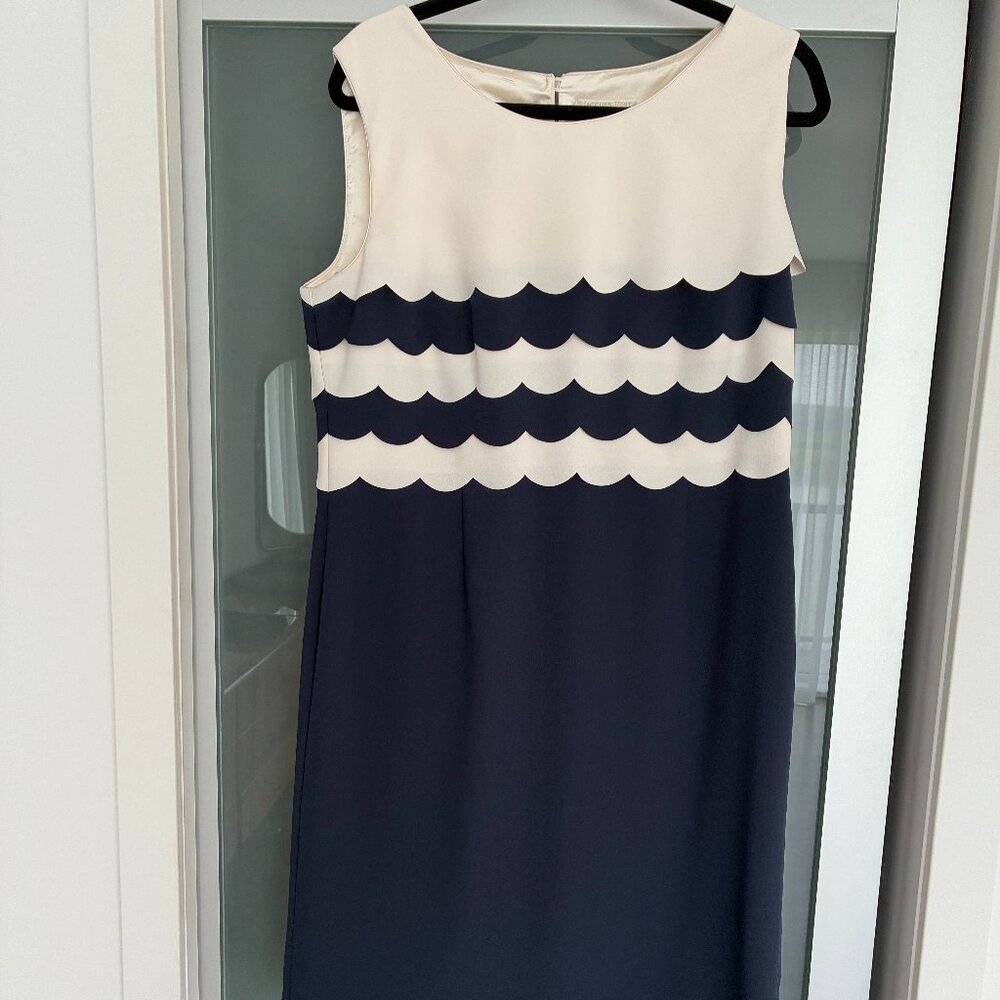 Jacques Vert Party Dress Blue and Creme Crepe Size 14
